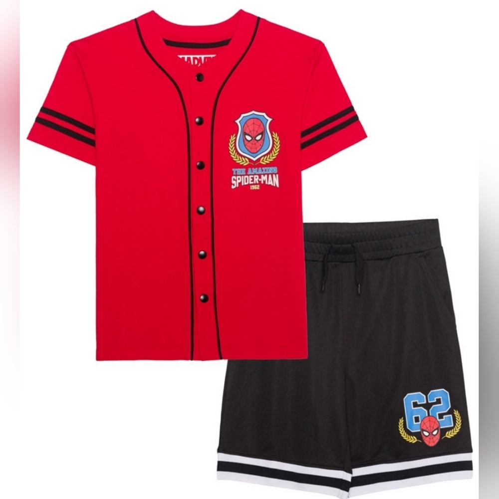 Spiderman #62 Button Up Baseball Jersey/Short Set Boys Large NWT
